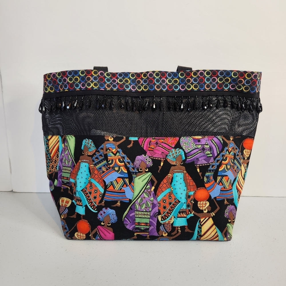 African Sunset Women Black Beaded Tote Beach Diaper Bag Purse Handmade Bright